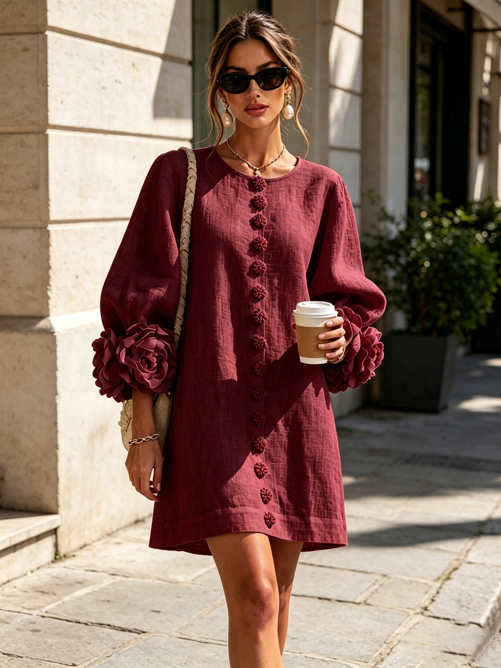 Robe courte droite pour femme à manches ballon et poignets ornés de rosettes