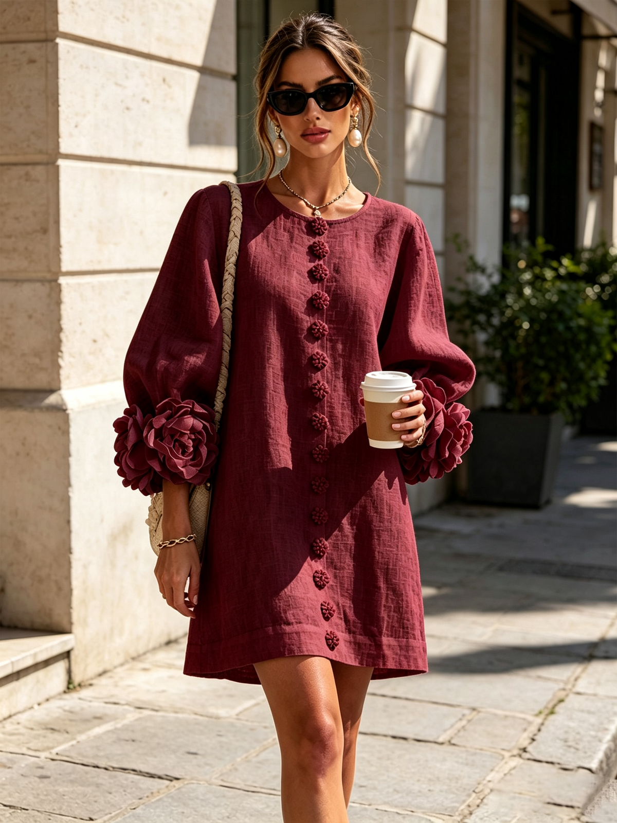 Robe courte droite pour femme à manches ballon et poignets ornés de rosettes