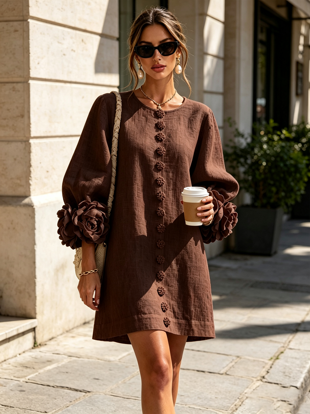 Robe courte droite pour femme à manches ballon et poignets ornés de rosettes