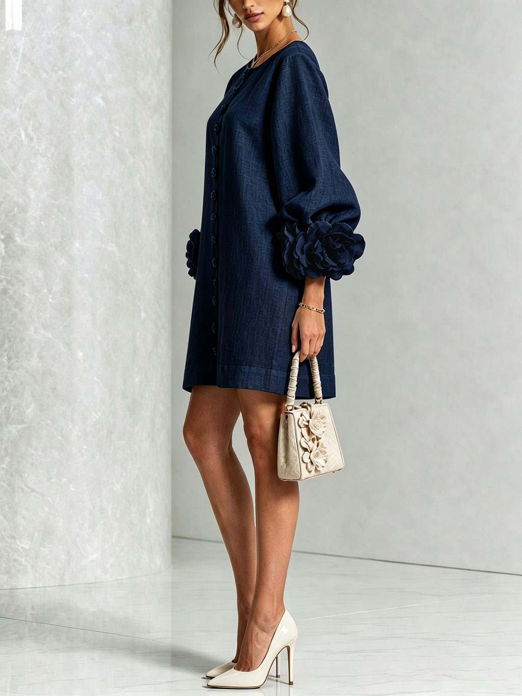 Robe courte droite pour femme à manches ballon et poignets ornés de rosettes