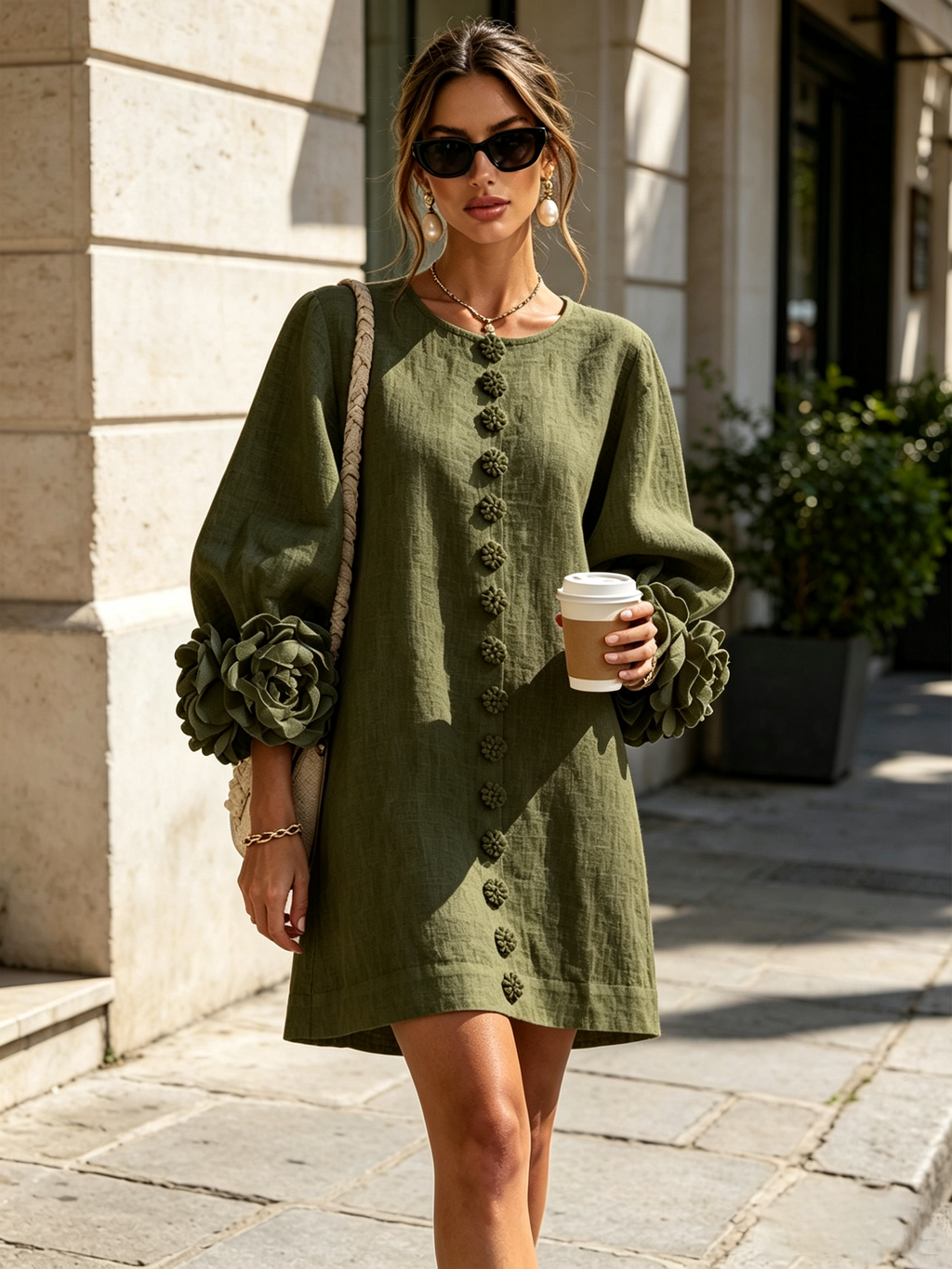 Robe courte droite pour femme à manches ballon et poignets ornés de rosettes