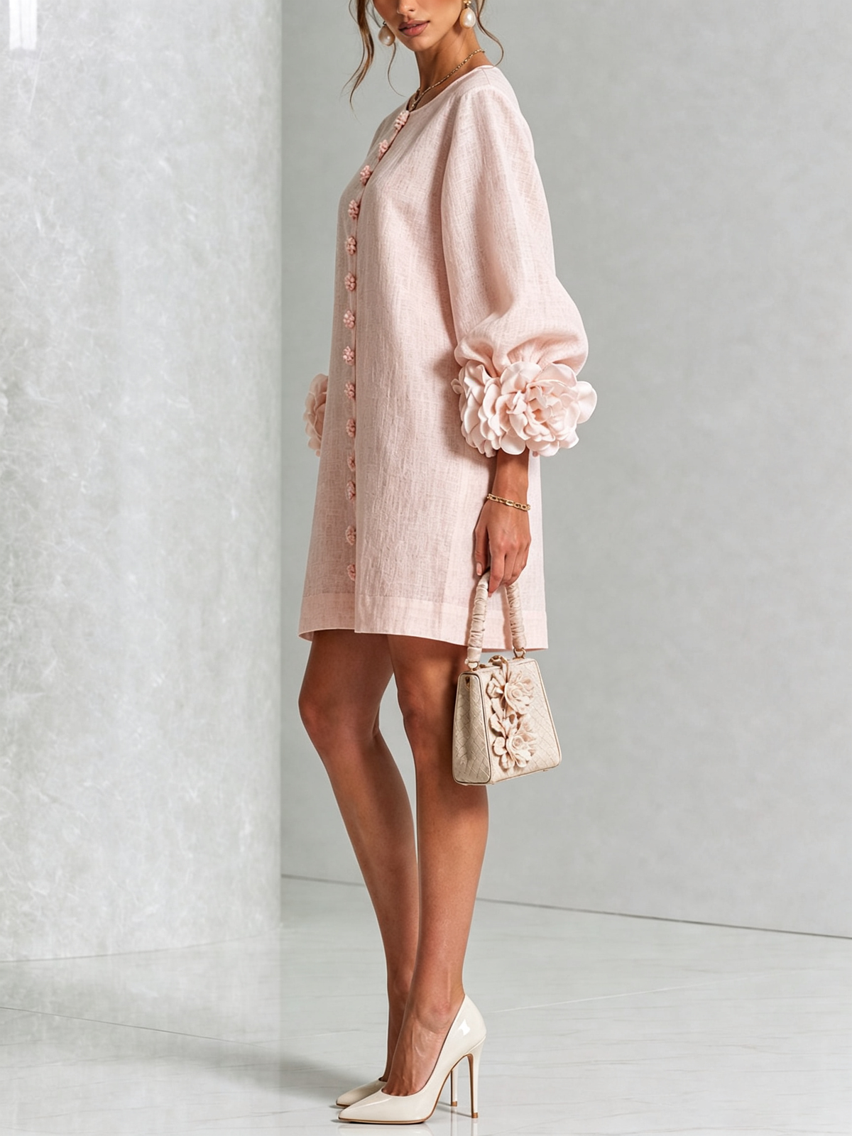 Robe courte droite pour femme à manches ballon et poignets ornés de rosettes