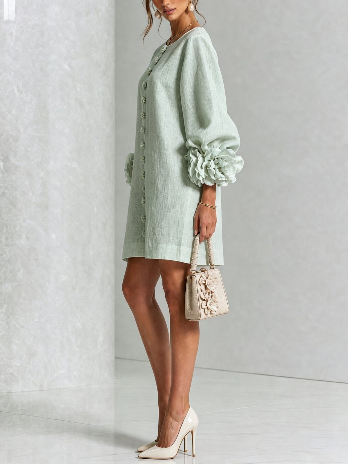 Robe courte droite pour femme à manches ballon et poignets ornés de rosettes