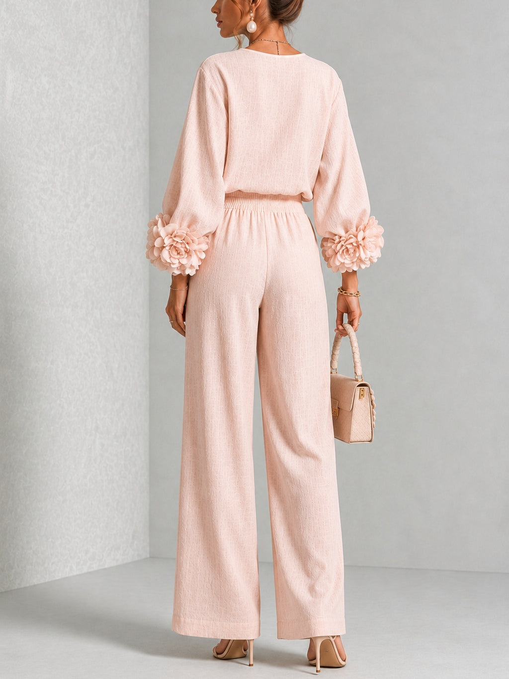 Women's Rosette Cuff Top and Wide-Leg Trouser Set