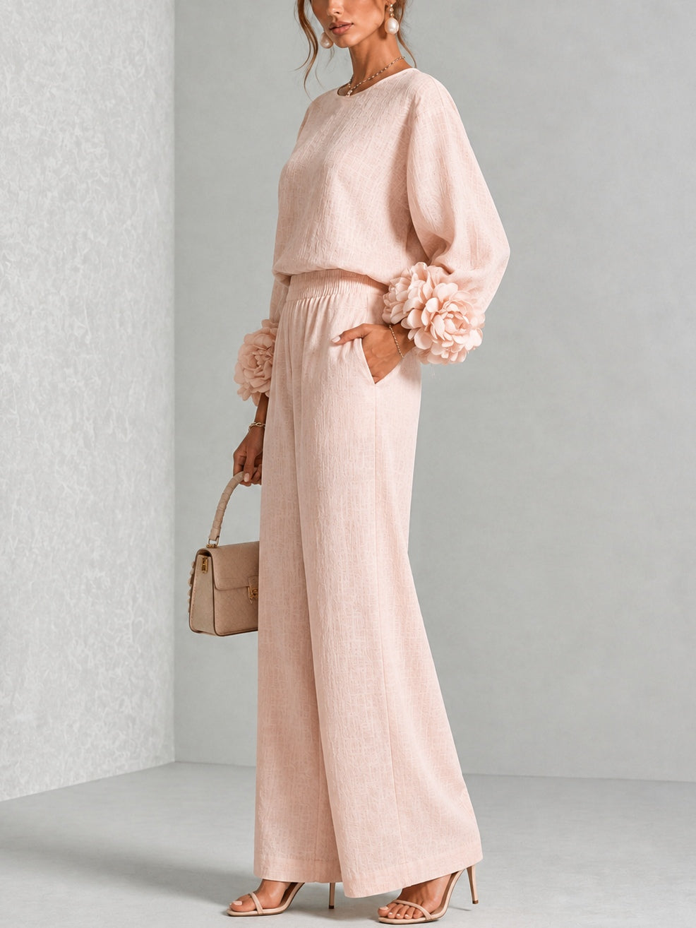 Women's Rosette Cuff Top and Wide-Leg Trouser Set