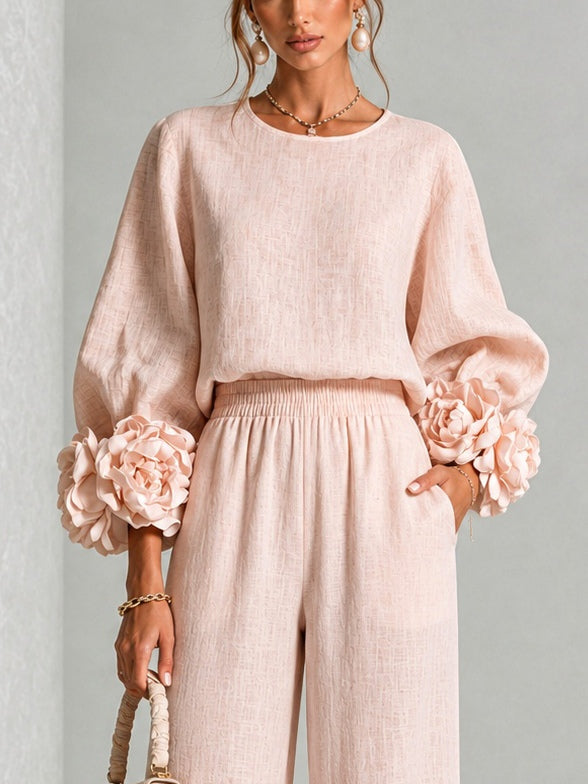 Women's Rosette Cuff Top and Wide-Leg Trouser Set