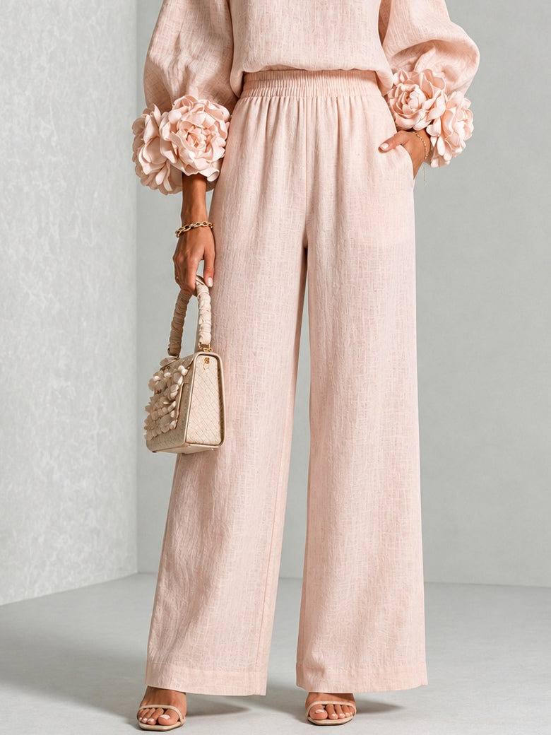 Women's Rosette Cuff Top and Wide-Leg Trouser Set