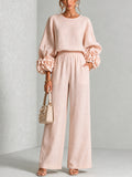 Women's Rosette Cuff Top and Wide-Leg Trouser Set