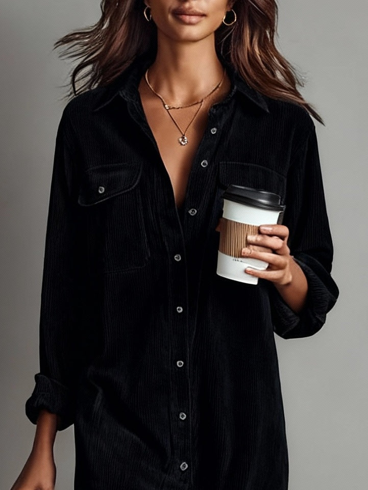 Women's long-sleeve corduroy shirt midi dress with chest pockets and button front