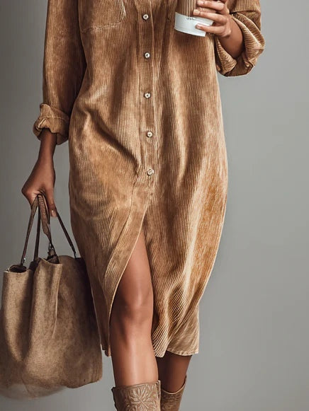 Women's long-sleeve corduroy shirt midi dress with chest pockets and button front