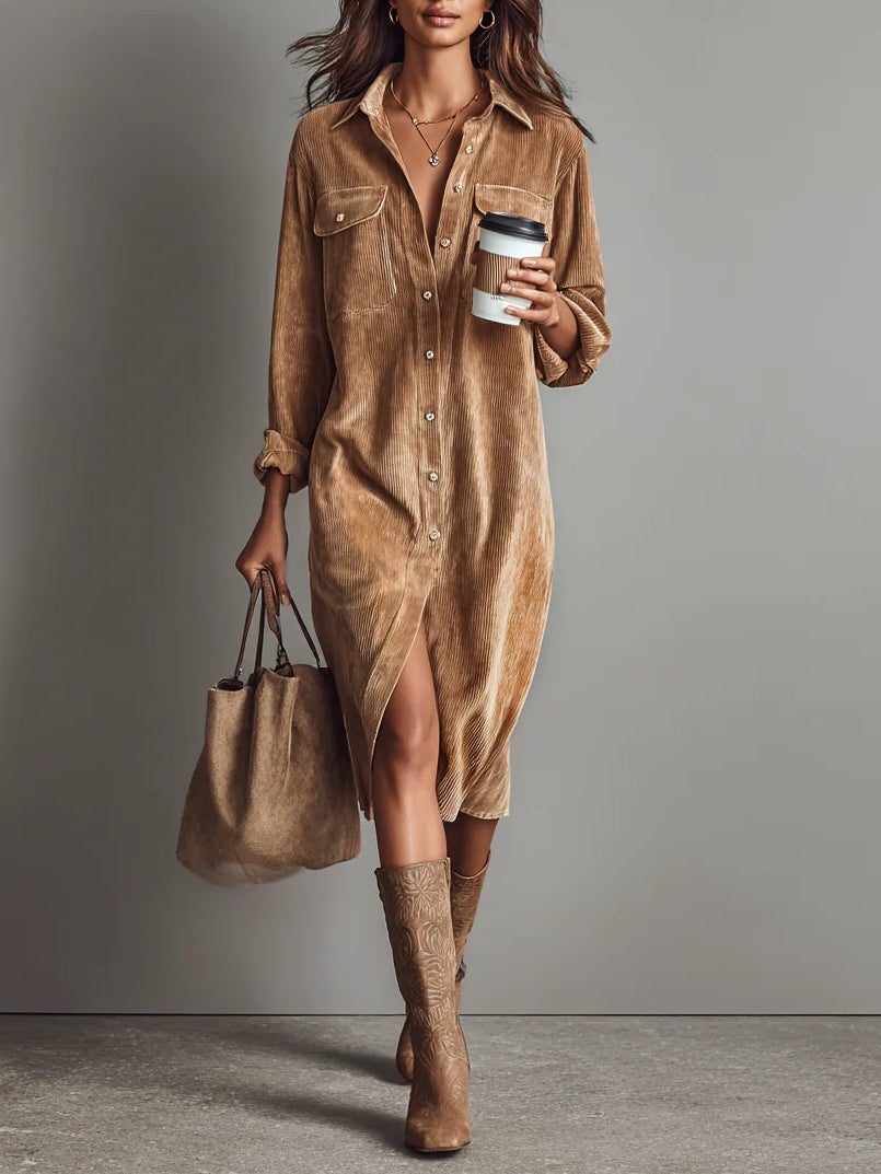 Women's long-sleeve corduroy shirt midi dress with chest pockets and button front