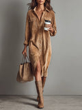 Women's long-sleeve corduroy shirt midi dress with chest pockets and button front