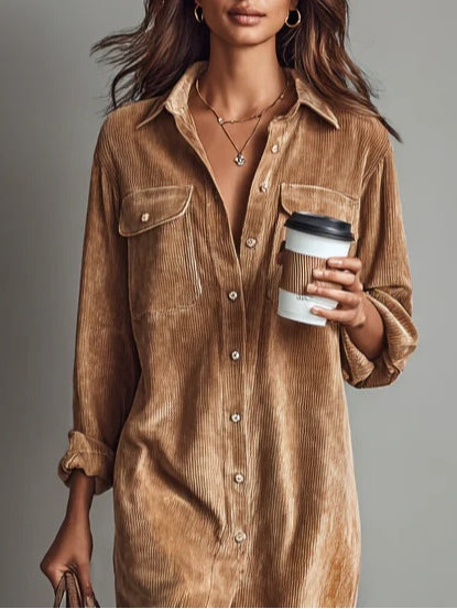 Women's long-sleeve corduroy shirt midi dress with chest pockets and button front