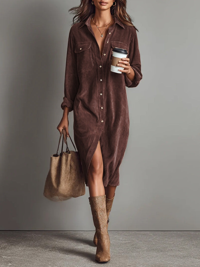 Women's long-sleeve corduroy shirt midi dress with chest pockets and button front