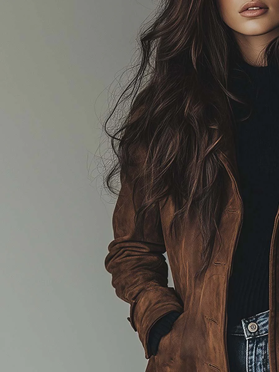 Women's Suede-Effect Single-Breasted Longline Coat