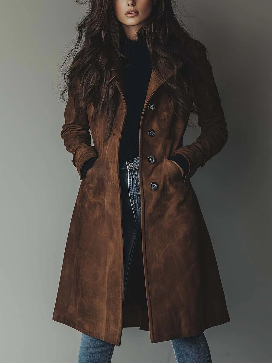 Women's Suede-Effect Single-Breasted Longline Coat