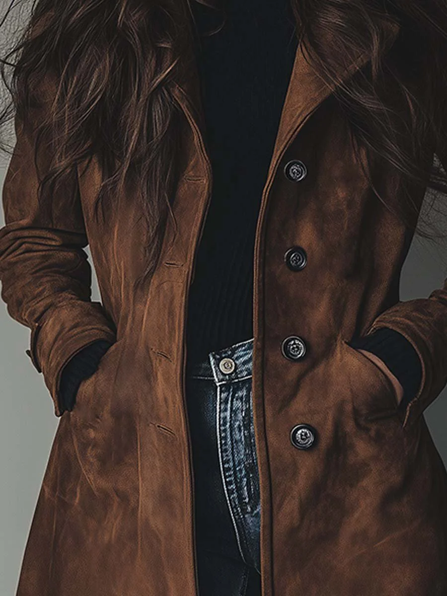 Women's Suede-Effect Single-Breasted Longline Coat
