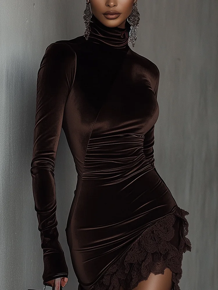 Women's dark brown ruched velvet mini dress with turtleneck, long sleeves and asymmetric lace hem