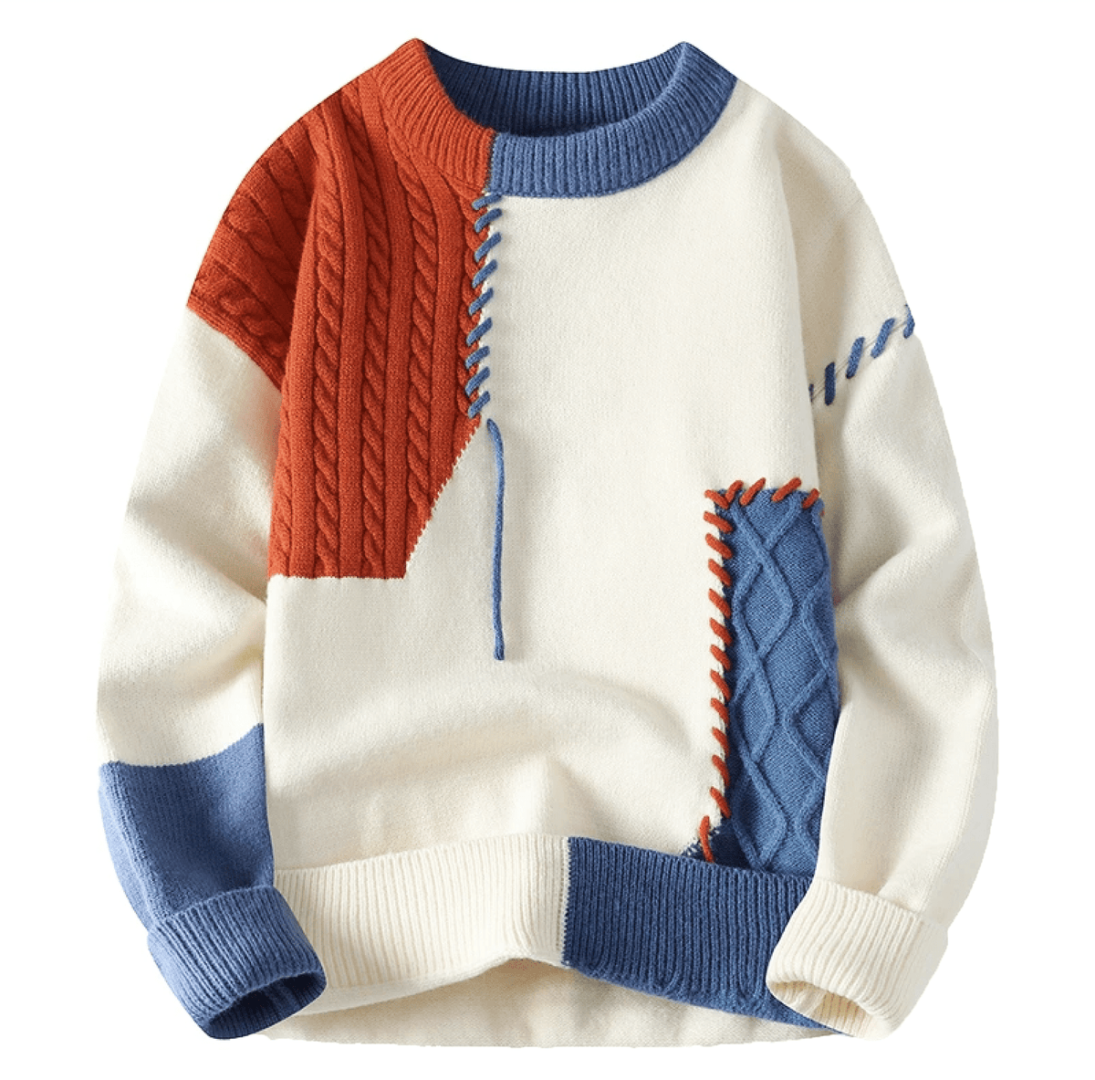 Men’s Patchwork Cable Knit Colour Block Crew Neck Sweater