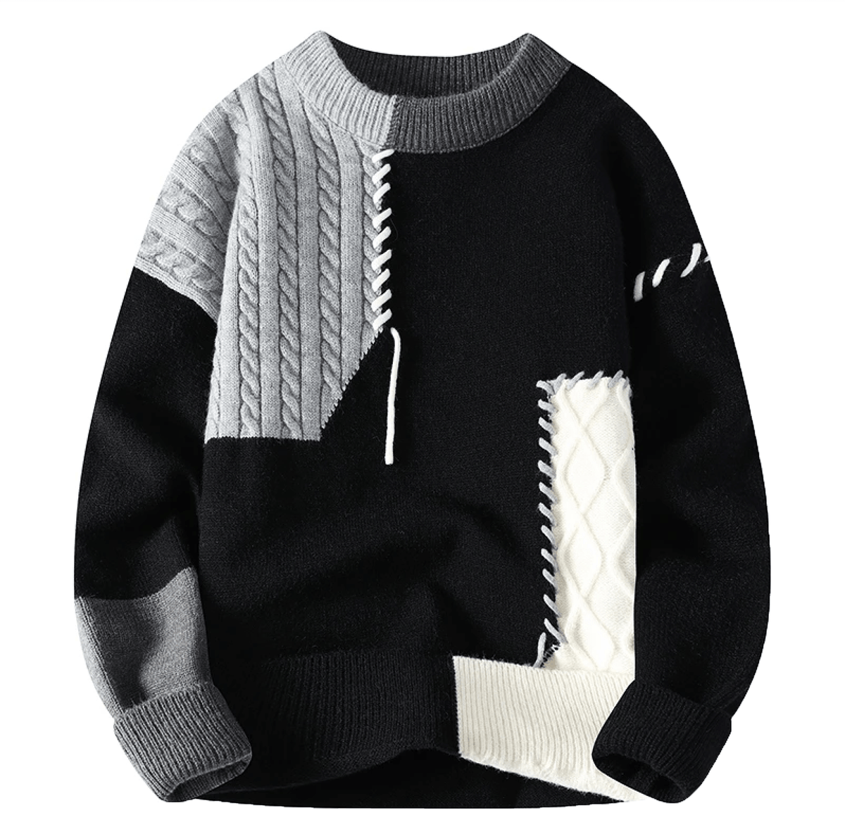 Men’s Patchwork Cable Knit Colour Block Crew Neck Sweater