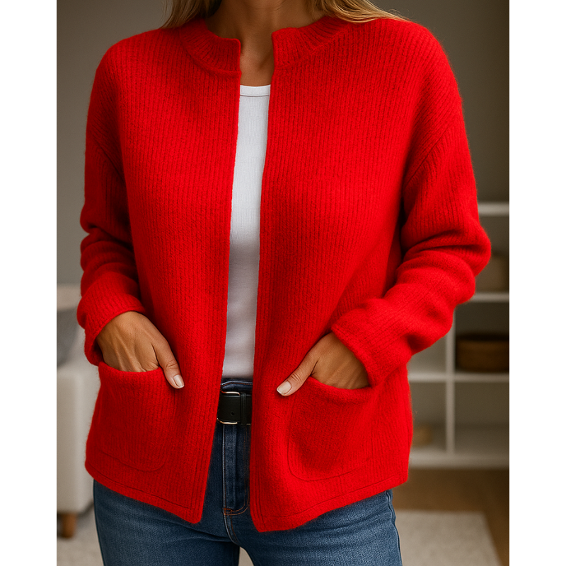 Women's ribbed cardigan with crew neckline, zip front, long sleeves and patch pockets