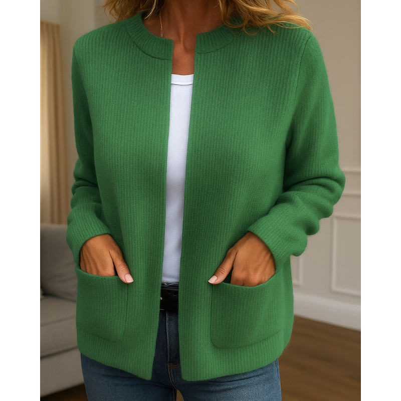Women's ribbed cardigan with crew neckline, zip front, long sleeves and patch pockets