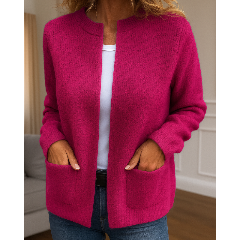 Women's ribbed cardigan with crew neckline, zip front, long sleeves and patch pockets