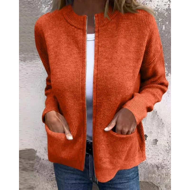 Women's ribbed cardigan with crew neckline, zip front, long sleeves and patch pockets
