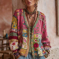 Women's pink floral patchwork knit cardigan with V-neck and button front