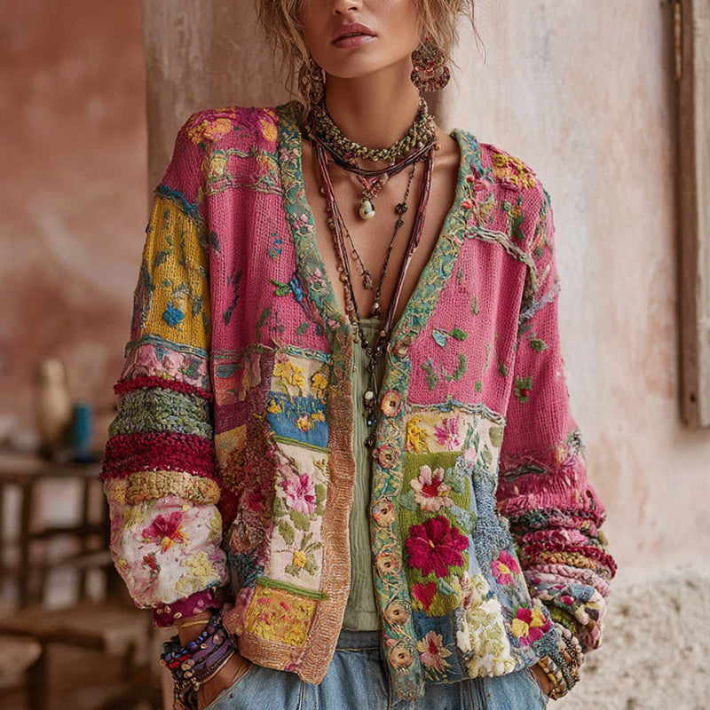 Women's pink floral patchwork knit cardigan with V-neck and button front