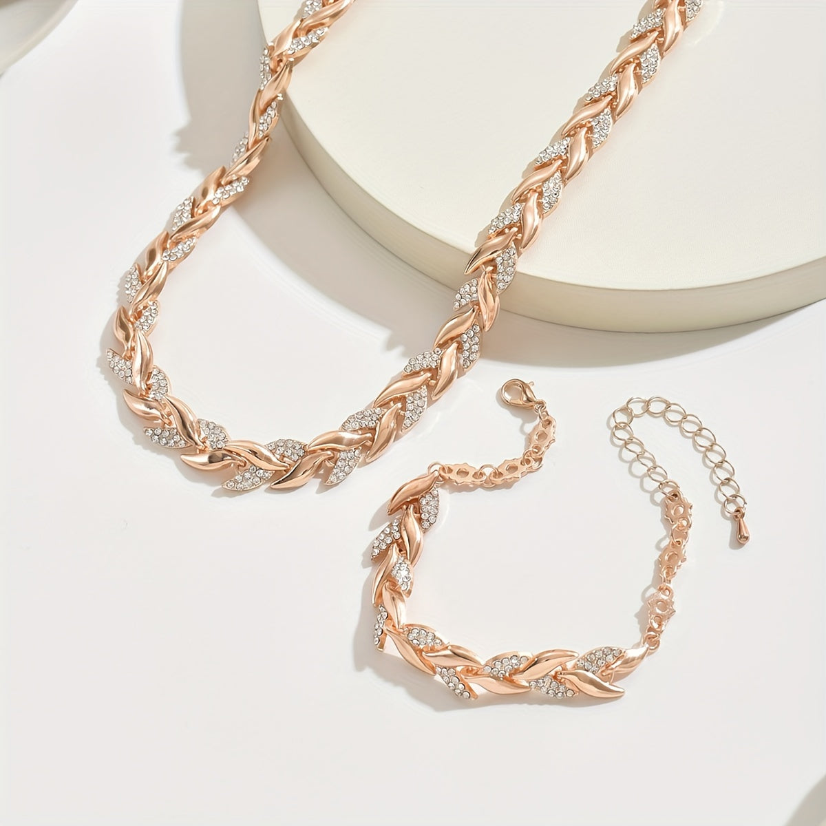 Rose Gold Leaf Link Crystal Necklace &amp; Bracelet Set