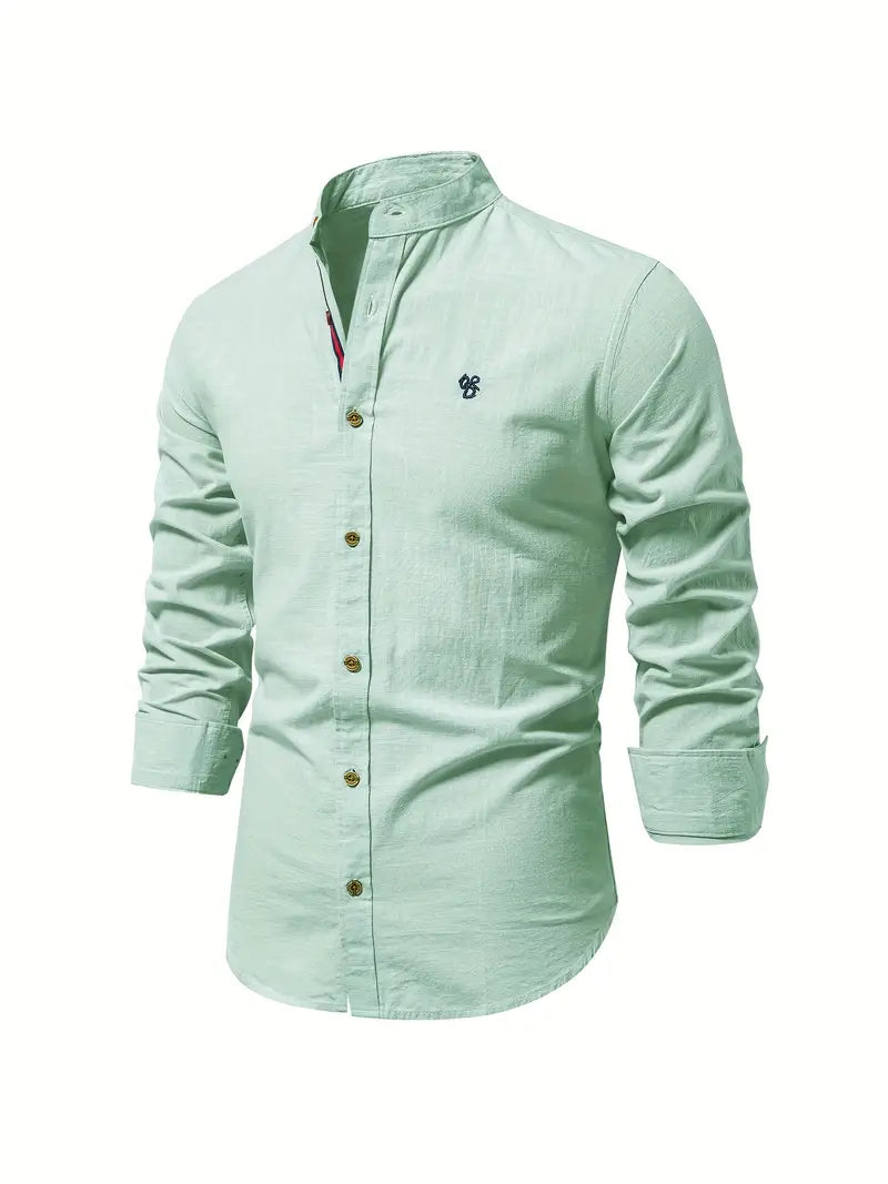 Men's long-sleeve mandarin collar shirt with button front and chest emblem