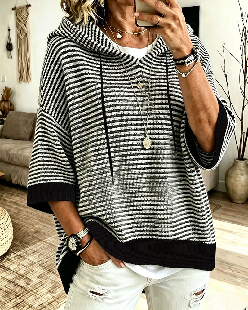 Women's Striped Hooded Poncho Style Knit Sweater