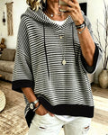 Women's Striped Hooded Poncho Style Knit Sweater