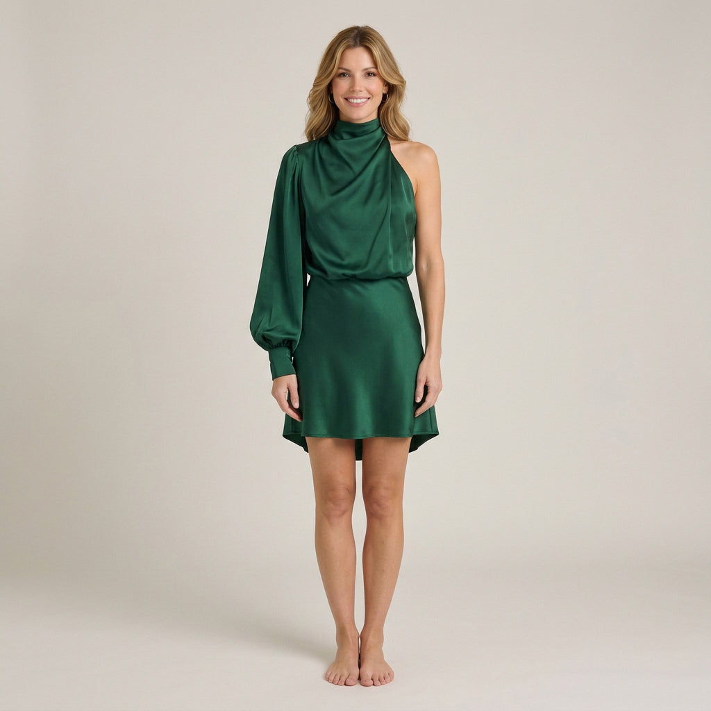 Women’s One Shoulder Mini Dress Satin Finish – Draped Occasion Dress