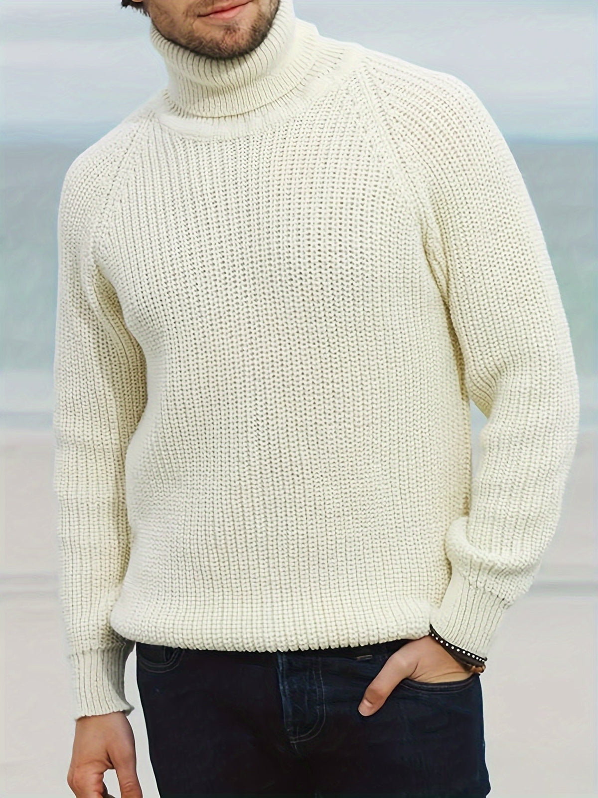 Men’s Ribbed Knit Raglan Sleeve Turtleneck Sweater