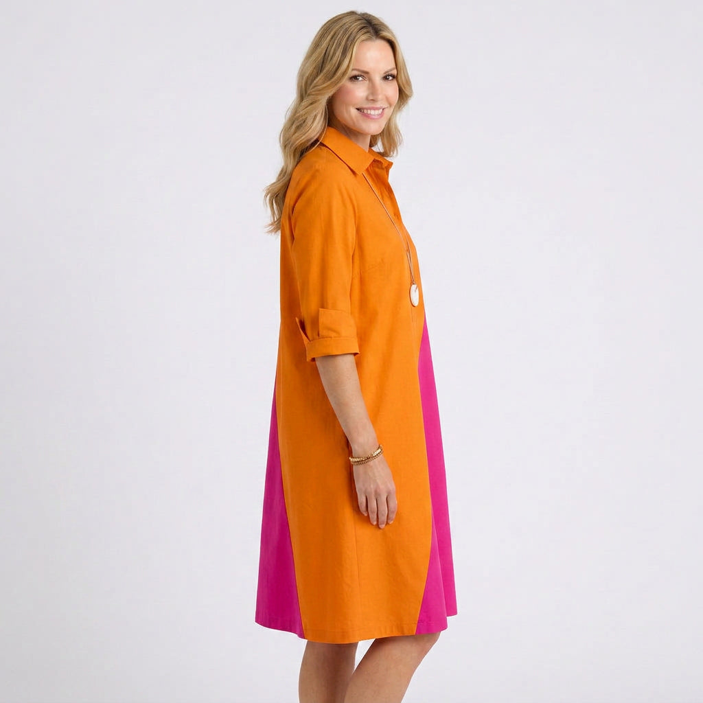 Women’s Shirt Midi Dress – Collared Half Placket Colorblock Style