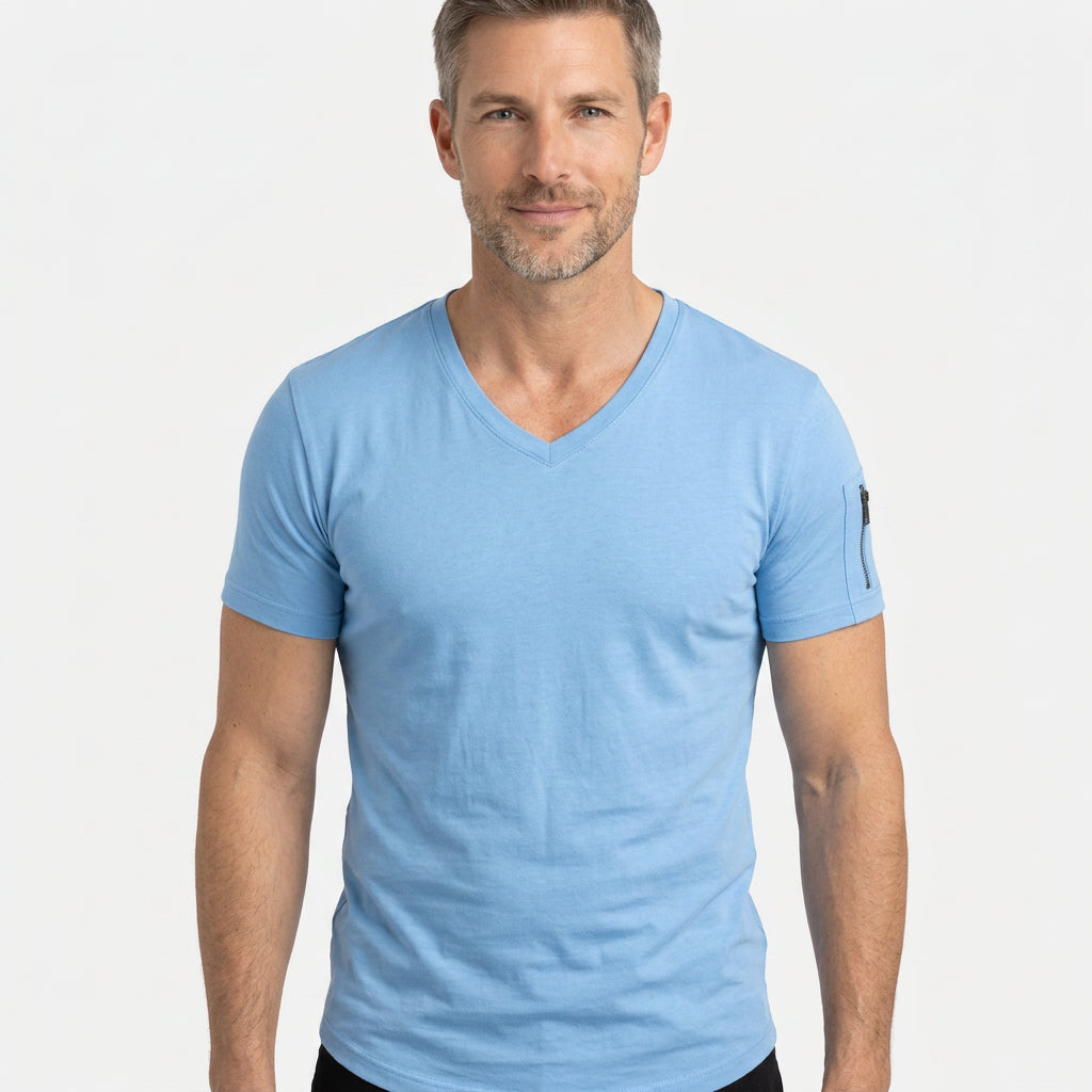 Slim Fit V-Neck T-Shirt with Zip Sleeve Detail