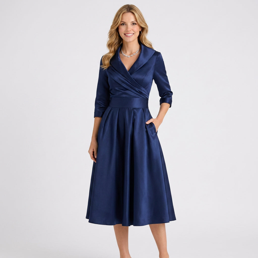 Wrap Bodice Midi Dress – Collared Full Skirt Occasion Style