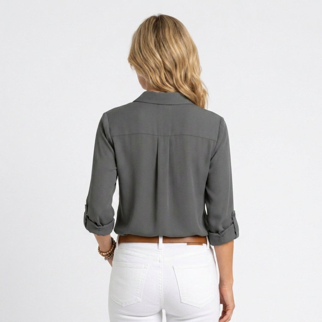 Button Front Shirt Blouse – Collared Roll Sleeve Style