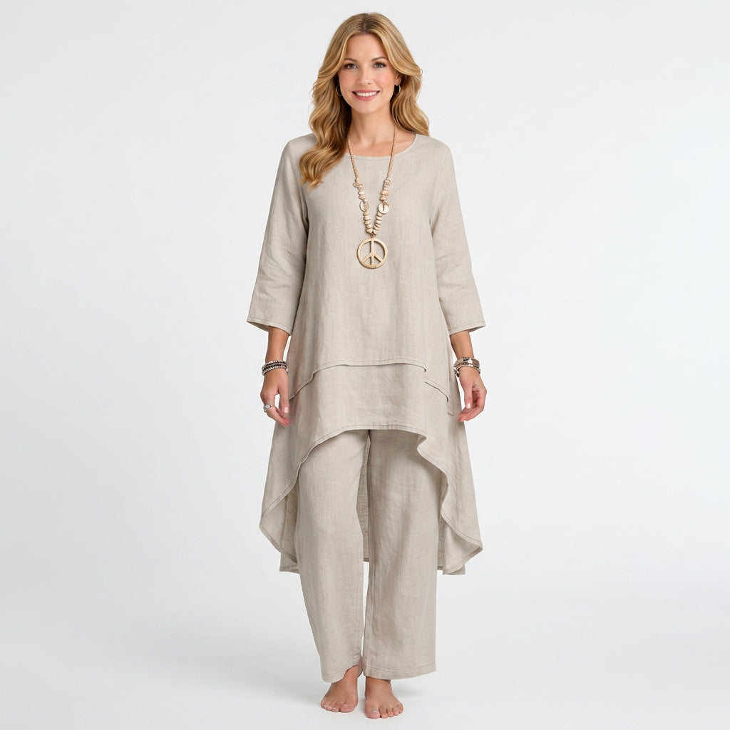 Relaxed Co-Ord Set – Button Neck Top and Trousers Style