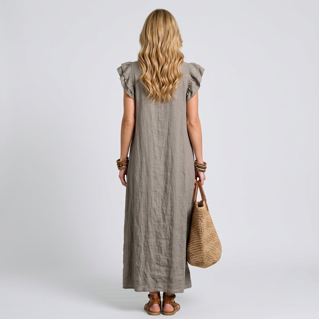 Ruffle V-Neck Linen Maxi Dress with Pockets