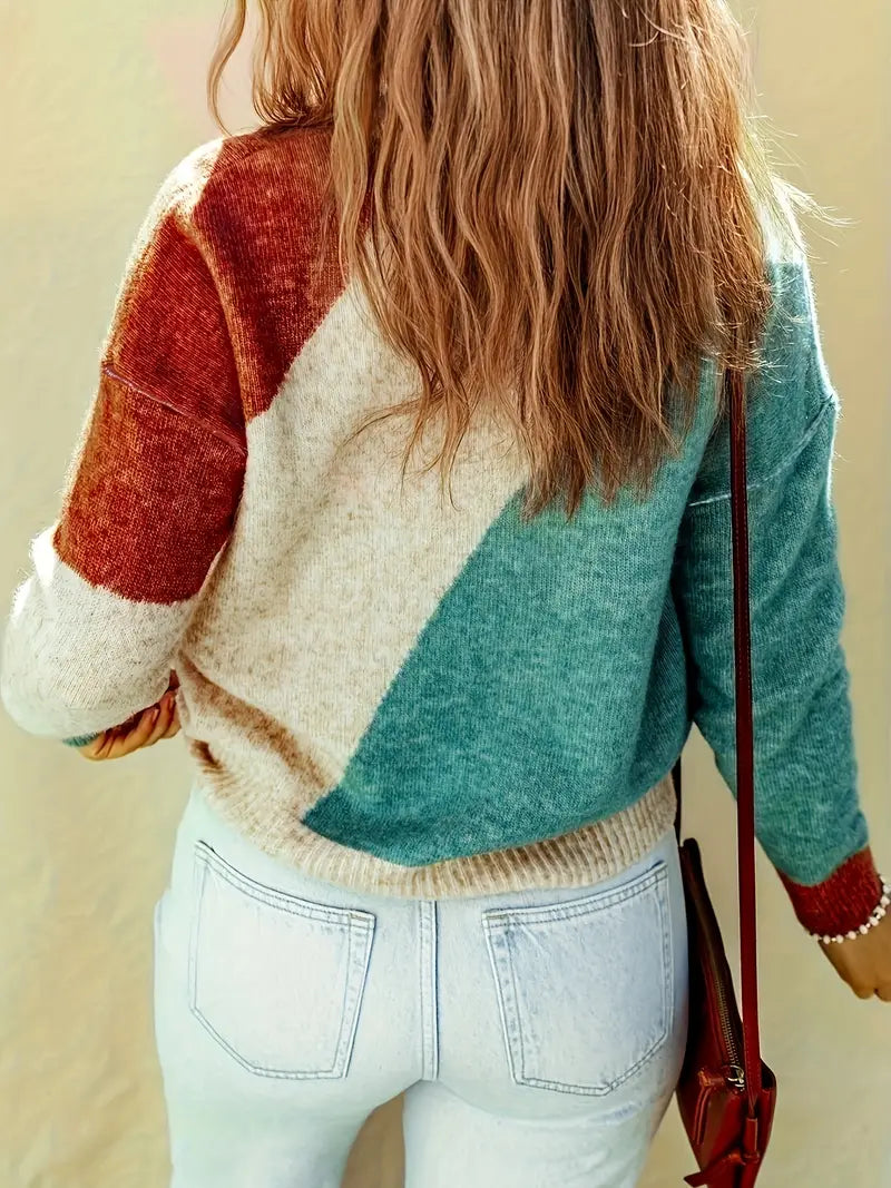 Women's geometric colour block crew neck sweater with long sleeves