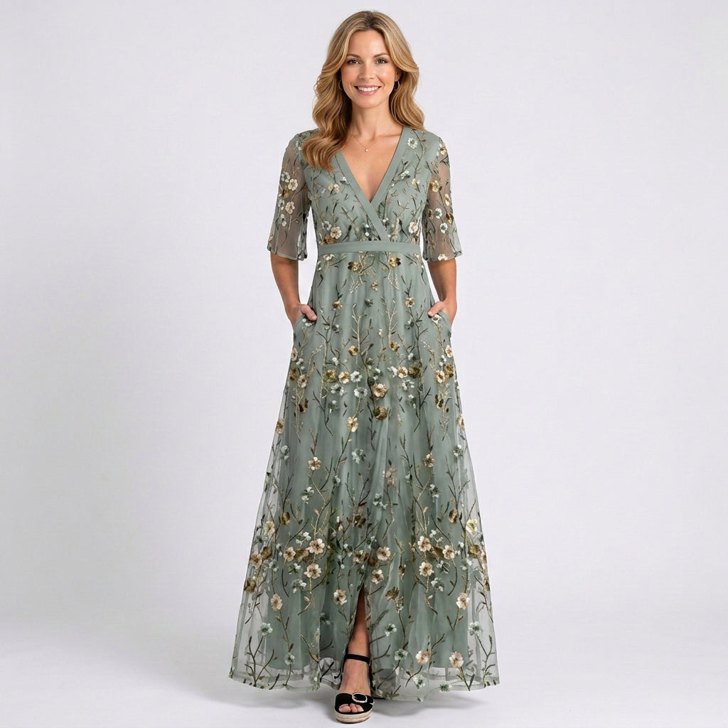 Embroidered Maxi Dress – V-Neck Short Sleeve Occasion Style
