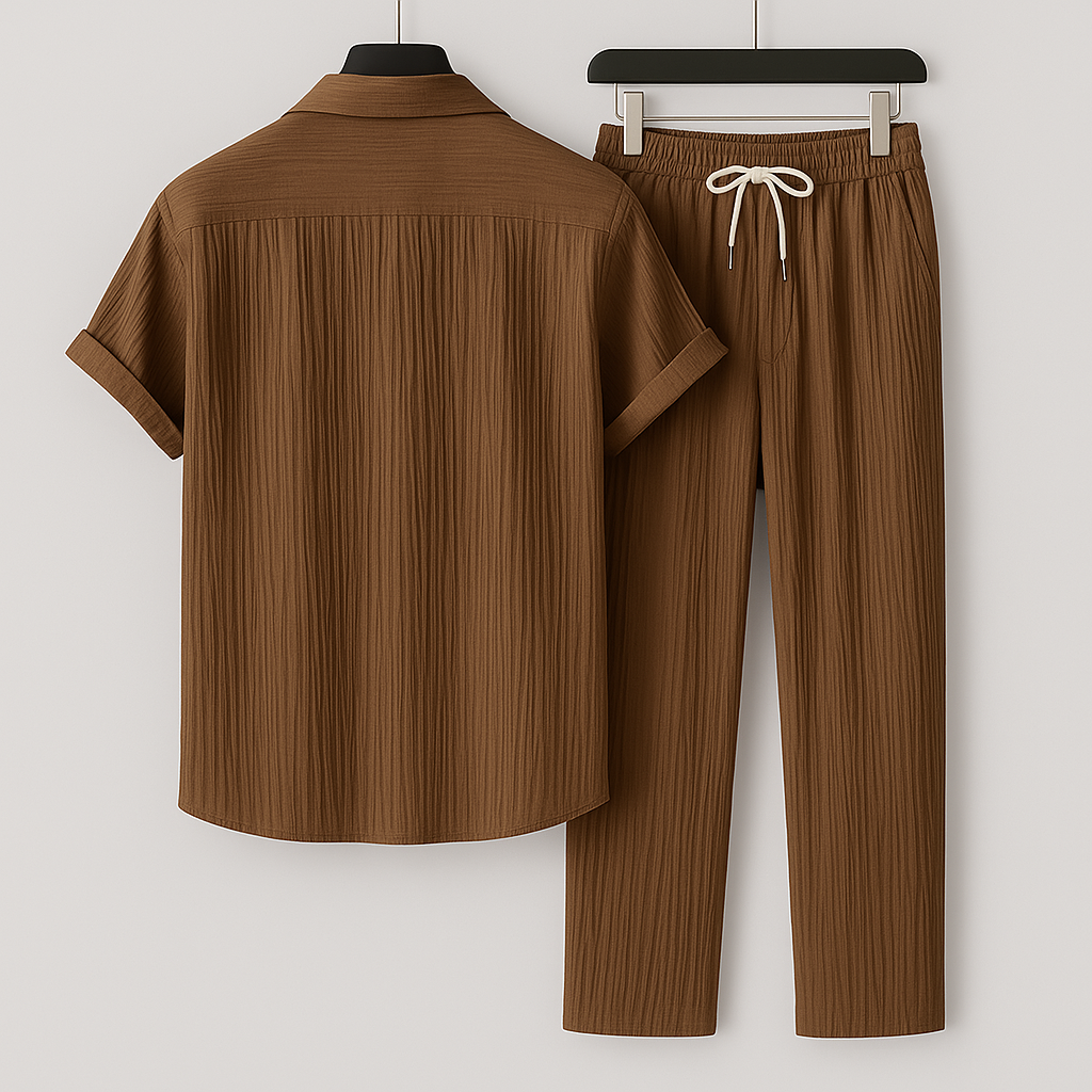 Ribbed Short Sleeve Shirt and Trousers Two Piece Set