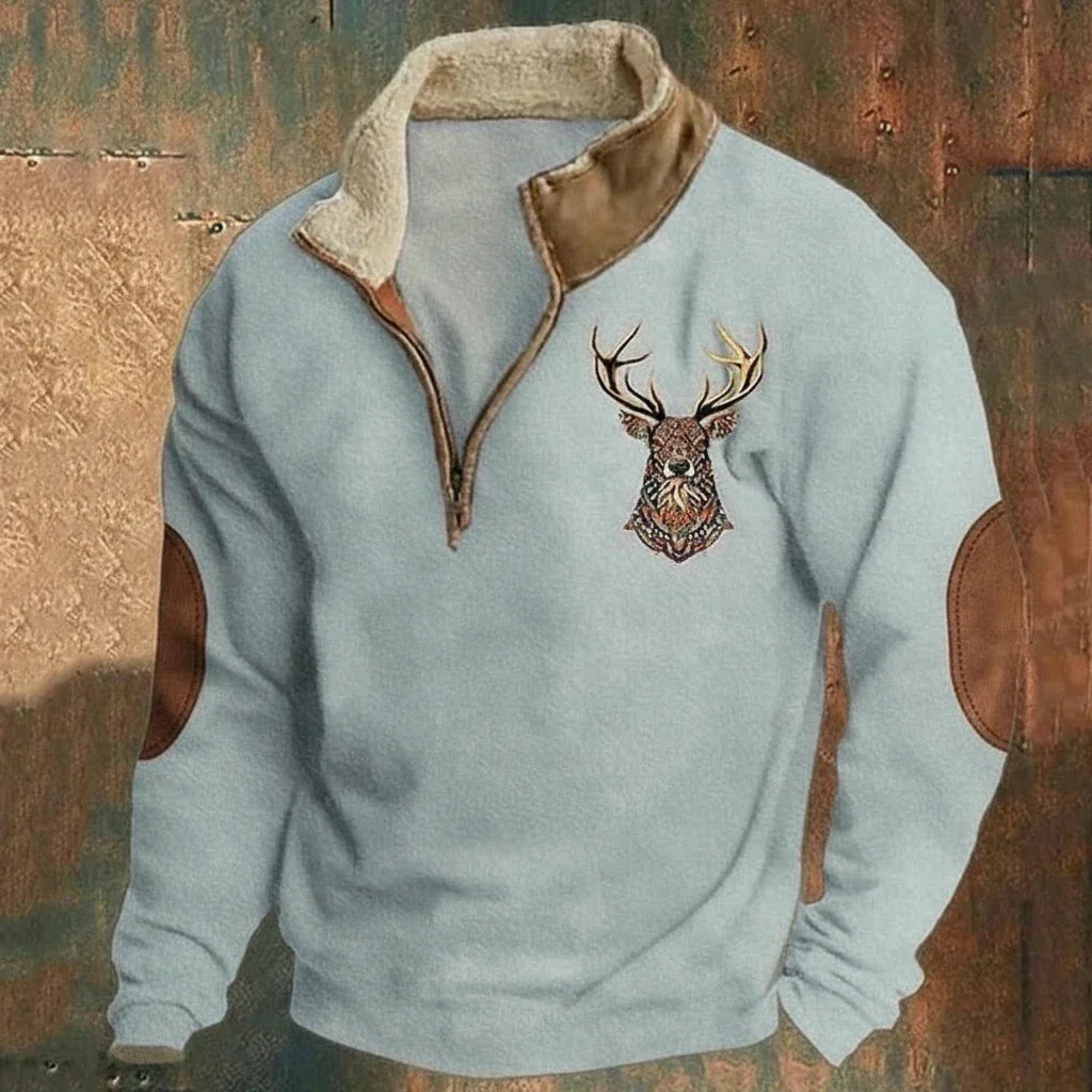 Men's quarter-zip pullover with mock neck, deer chest motif and contrasting elbow patches