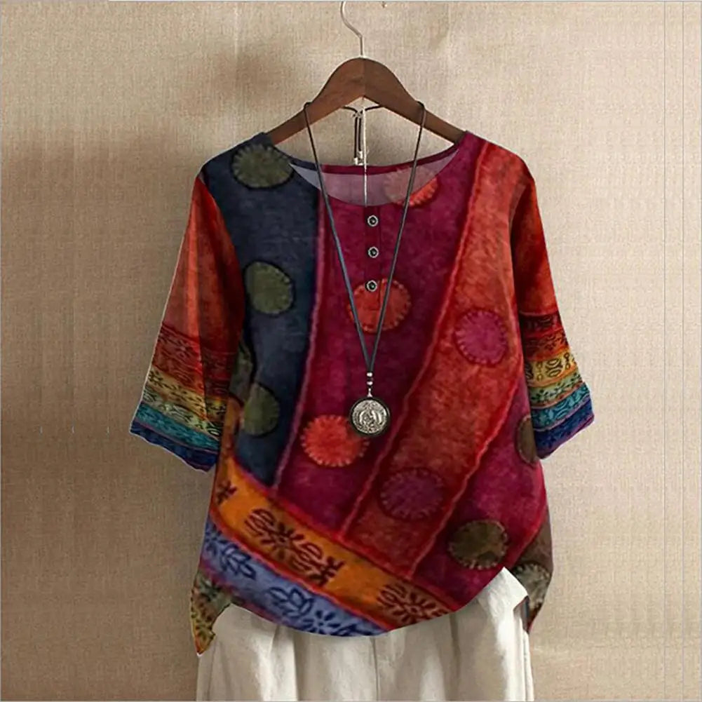 Vintage Print Round Neck Three-Quarter Sleeve Top