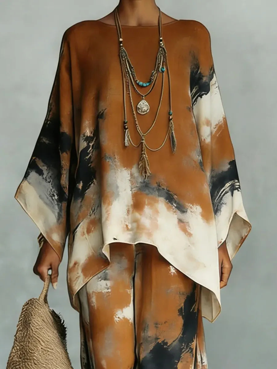 Ensemble deux pièces pour femme à manches chauve-souris et imprimé tie-dye