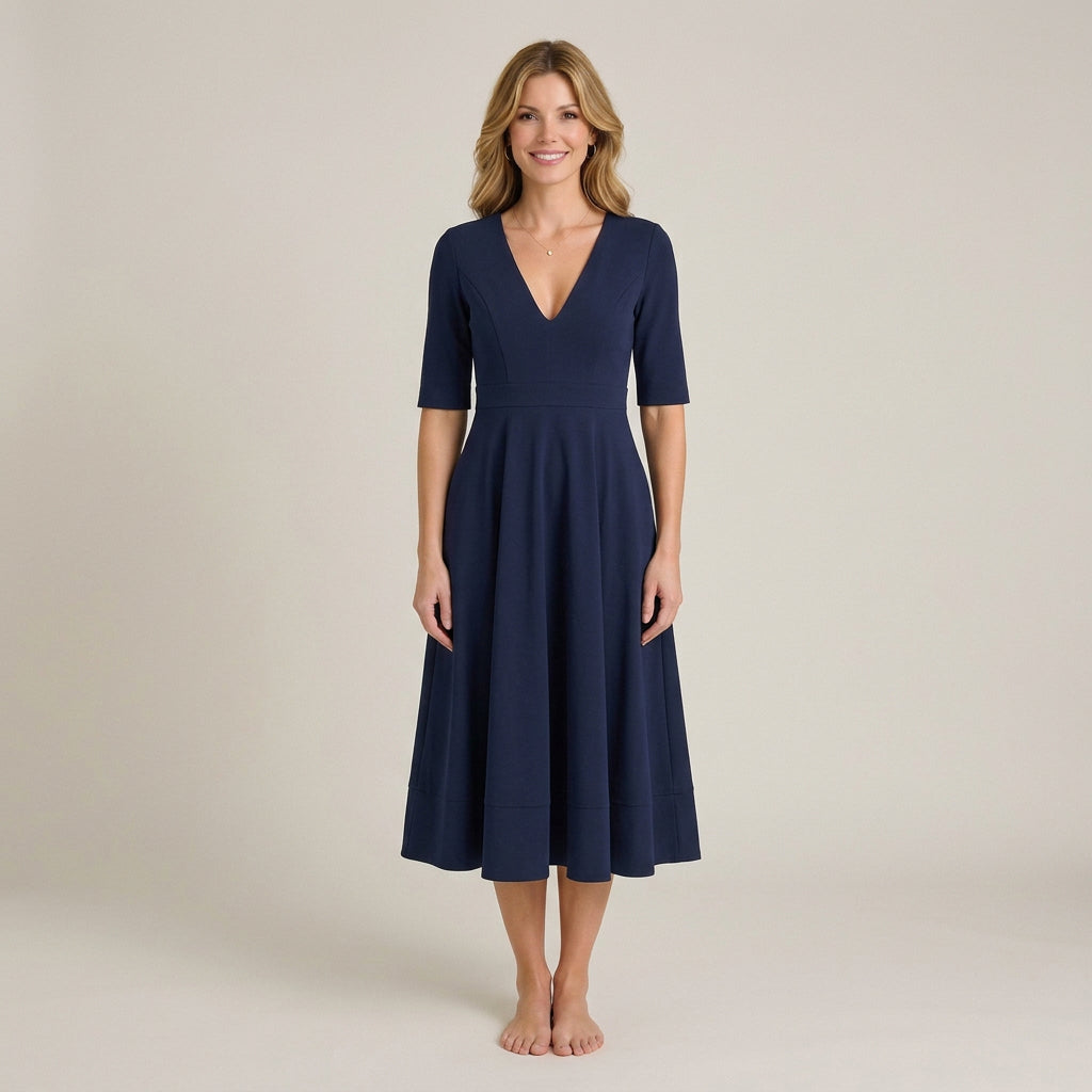 Women’s Midi Dress V Neck Fit and Flare – Short Sleeve Occasion Dress
