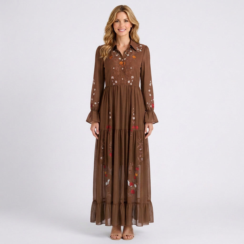 Embroidered Maxi Dress – Collared Belted Tiered Style